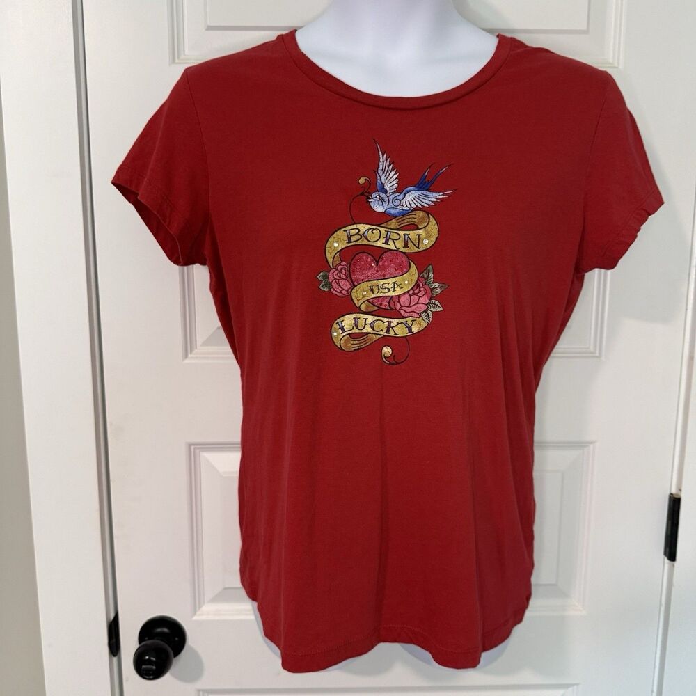 Greensource Red Tattoo Graphic Tee Born Lucky Bird Heart Roses Y2K Size XL